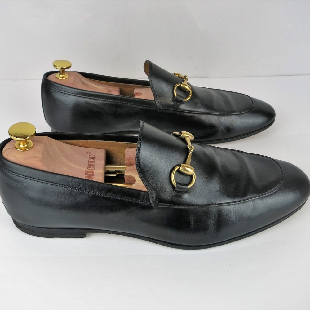 GUCCI Jordaan Black Leather Gold Horsebit Loafer